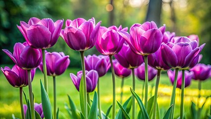 Obraz premium Vibrant purple tulips fill the frame, a rule-of-thirds composition enhances their garden beauty.