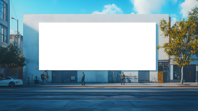 Mock-up of a blank white building hoarding branding space in San Francisco at noon