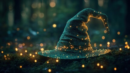 In the magical, dimly lit setting, the green witch hat sparkles with tiny lights, filling the air with an otherworldly sense of fantasy and enchantment.