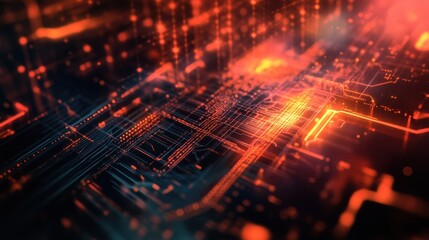 Abstract Technology Circuit Board with Red Light and Lines