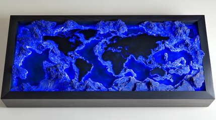 Illuminated 3D World Map: A Deep Blue Oceanic Topography