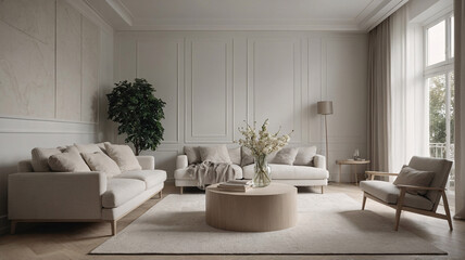 Chic Scandinavian minimalist living room with pastel pink walls plush couch and clean aesthetic Interior Design Inspiration