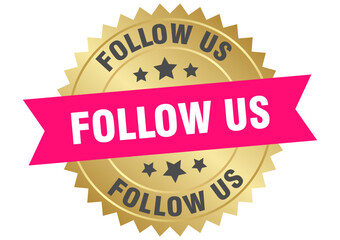 follow us. follow us round pink and gold label isolated on transparent background