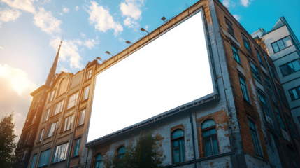 Mock-up of a blank white building hoarding branding space in Warsaw at noon