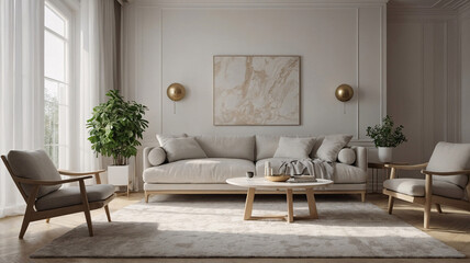 Fototapeta premium Contemporary Scandinavian living room in pastel pink with modern minimalist decor and soft fluffy couch Interior Design Inspiration