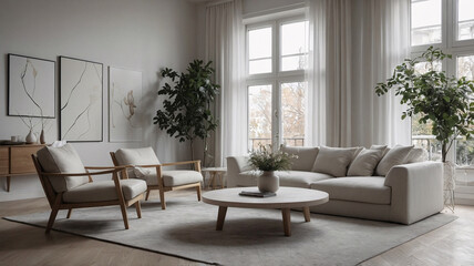 Cozy pastel pink Scandinavian living room featuring minimalist design and a fluffy modern sofa Interior Design Inspiration