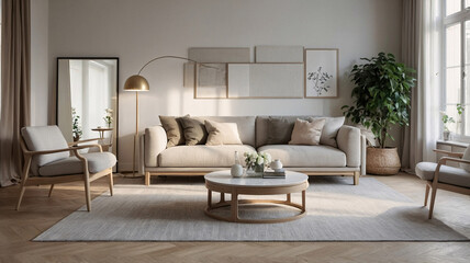 Fototapeta premium Cozy pastel pink Scandinavian living room with minimalist design and fluffy sofa for a modern vibe Interior Design Inspiration