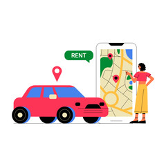 Naklejka premium Car Rental Application With Red Car And Female Character On Smartphone Map In Flat Vector Illustration Symbolizing Navigation, Travel, And Convenience, Isolated On White Background.