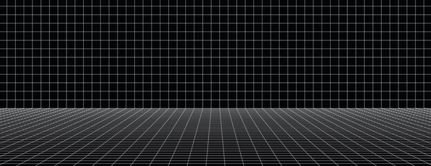 A black grid background with a black color, featuring a 3D perspective. The background has a sleek, modern texture with black lines. Grid pattern background vector. Black background.
