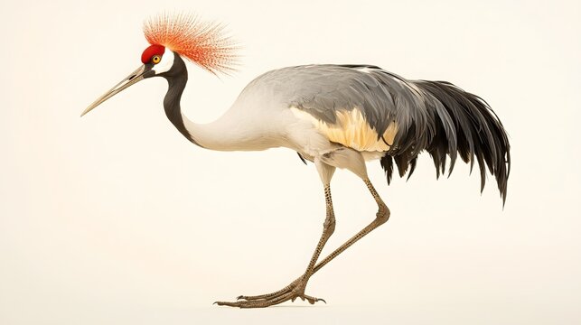 A close-up view of a grey crowned crane bird, a species native to sub-Saharan Africa. These birds are known for their distinctive feathered crown and long legs