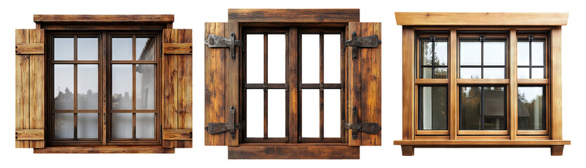 Isolated Wooden Windows with Elegant Frames on Transparent Background