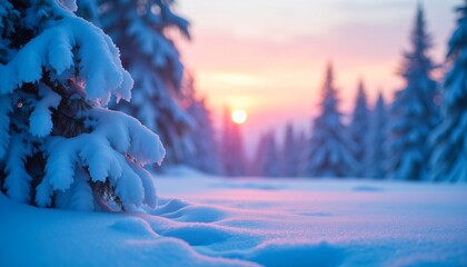 Winter sunset in a snowy forest.  The sun sets behind snow-covered evergreens, casting a warm glow on the pristine landscape.
