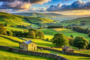 Fototapeta premium Panoramic Lancashire Countryside, Rolling Hills and Green Fields, England, UK