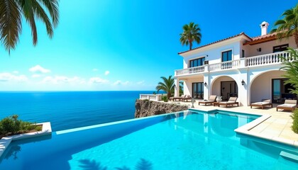 Fototapeta premium Luxury beachfront villa with infinity pool overlooking the ocean. Stunning views and tranquil atmosphere.