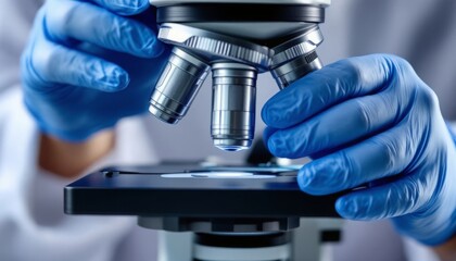 Close-up of a scientist using a microscope.