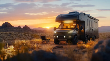 Modern RV illuminated in the desert at golden dusk