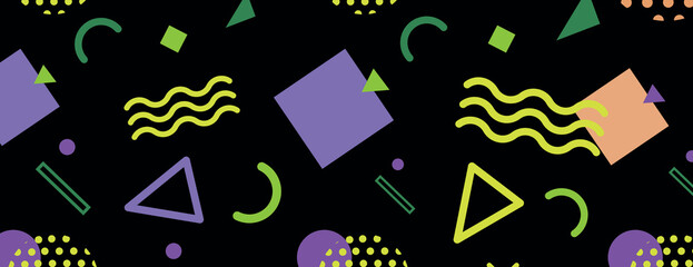 Retro black background with colorful geometric shapes. Black background with purple, green, and yellow elements in a playful style. Fun memphis pattern background. Black background vector.