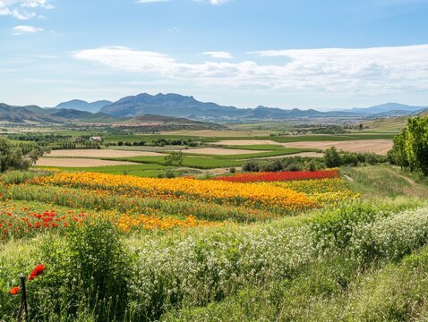 Colorful field of flowers with mountains in the background under a blue sky - Powered by Adobe