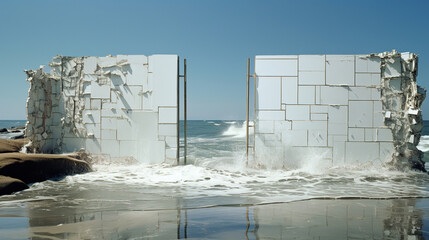 Obraz premium Coastal Ruins: White Structures by the Sea
