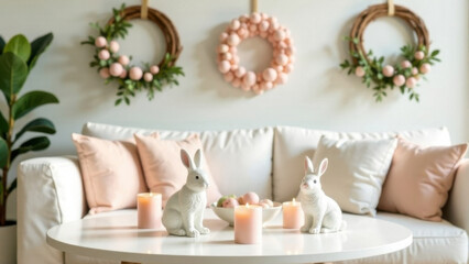 Easter-themed living room decor: pastel-colored wreaths, candles, and bunny figurines on a white table. Clean and bright with soft spring sunlight.
