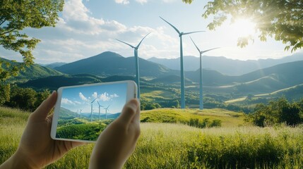 Wind turbines in green landscape with mobile screen view