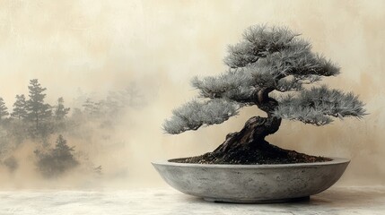 Serene bonsai tree in a minimalist pot against a misty forest backdrop.
