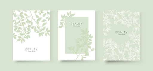 Botanical backgrounds with green floral elements, delicate branches and leaves. Floral frame. Vector illustration for postcard, banner, cover, wedding invitation, social media, packaging