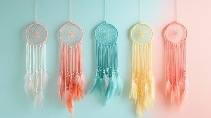 A whimsical set of yarn-wrapped dreamcatchers