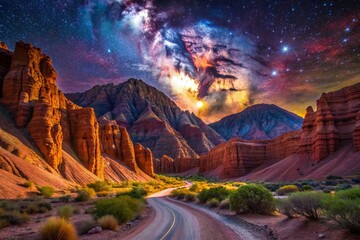 Obraz premium Panoramic Night View of Quebrada de Las Conchas Entrance, Cafayate, Salta, Argentina
