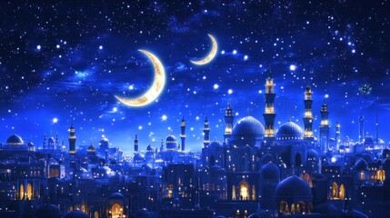 Night Cityscape Illuminated Mosques Crescent Moons Stars