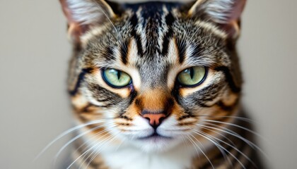 Close-up of a tabby cat with intense green eyes.