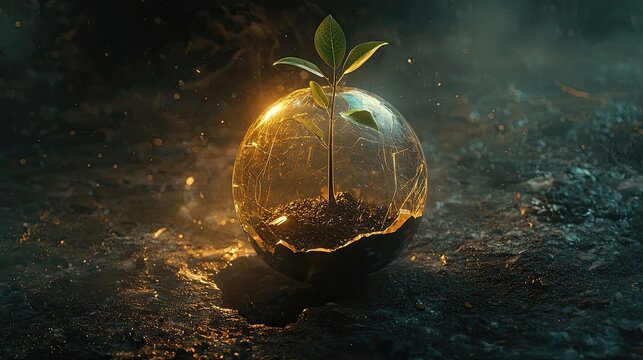 A glowing green sapling enclosed in a transparent sphere, symbolizing sustainability, protection, and the fragility of life in a dark, textured environment. Generative AI.