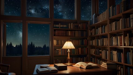 Cozy Night Library with Starry Sky and Warm Lamp Light Atmosphere V2
