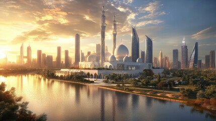 Obraz premium Majestic Mosque Sunrise Cityscape Modern Architecture