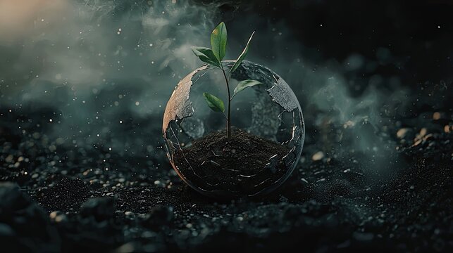 A glowing green sapling enclosed in a transparent sphere, symbolizing sustainability, protection, and the fragility of life in a dark, textured environment. Generative AI.