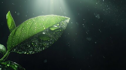 Macro shot of a vibrant green leaf covered in tiny sparkling water droplets, emphasizing freshness, purity, and nature's detail. Generative AI.