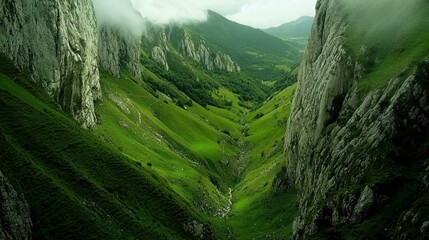 Lush green valley between rocky cliffs with a winding path and misty mountain peaks