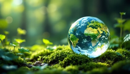 Earth Globe Rests on Lush Green Moss, Evoking Environmental Harmony
