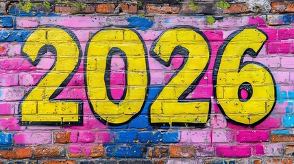 Vivid 2026 Street Art Mural on Colorful Brick Wall, Urban Graffiti Background Texture