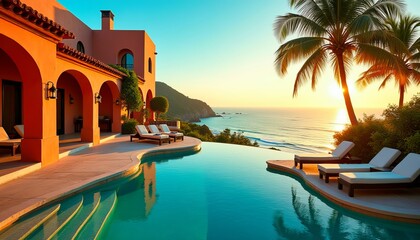 Luxury oceanfront villa with infinity pool at sunset.  Enjoy breathtaking views and tranquil relaxation.