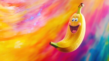 Happy cartoon banana levitating against a vibrant, colorful background.