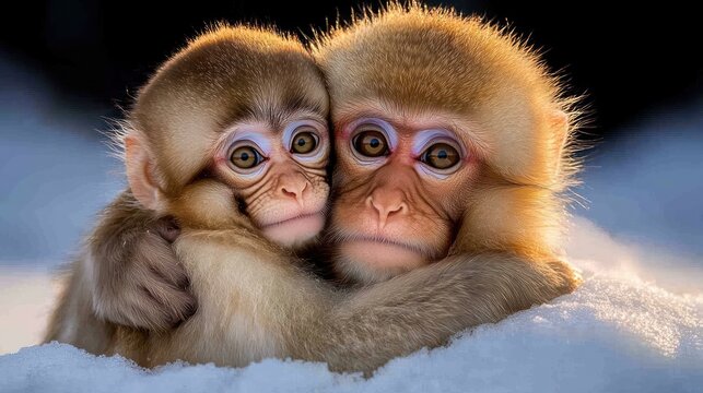 Two adorable snow monkey babies cuddling in the snow.