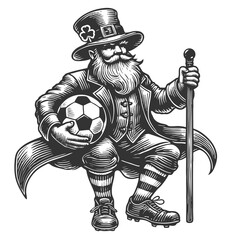 leprechaun with a soccer ball, smoking a pipe, holding a cane, and surrounded by shamrocks sketch engraving generative ai vector illustration. Scratch board imitation. Black and white image.
