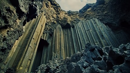 Dramatic basalt columns rise from the depths of a rocky canyon, reaching toward the sky