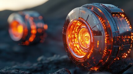Obraz premium Glowing Futuristic Spheres on Volcanic Landscape