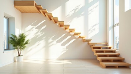 Modern minimalist interior with light wooden staircase and large window. Sunlight streams through, illuminating the space.