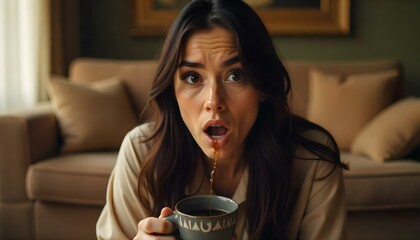 Woman spitting coffee out in surprise, her shocked expression with raised eyebrows and an open mouth