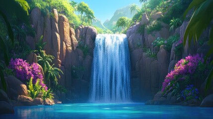 Serene Waterfall in Lush Tropical Paradise