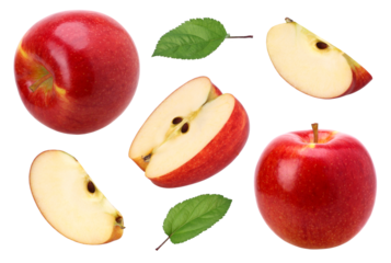 red apple (Envy Apple), half, slice and leaves isolated, fresh red apple, transparent PNG, PNG format, collection