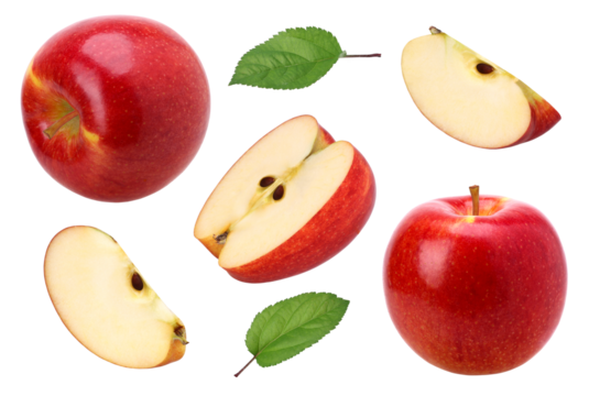 red apple (Envy Apple), half, slice and leaves isolated, fresh red apple, transparent PNG, PNG format, collection